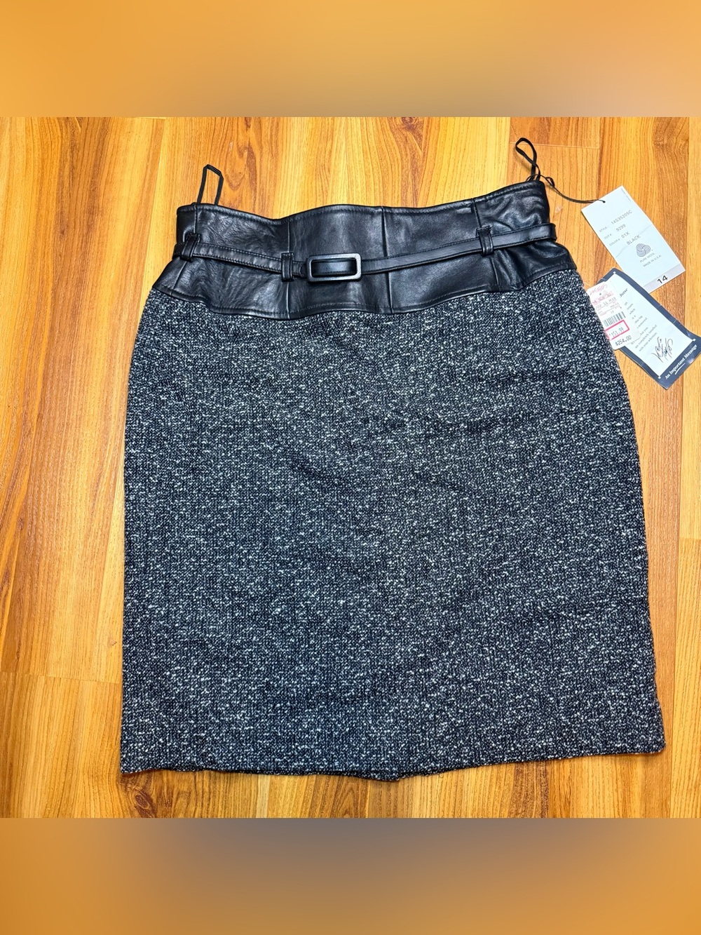 Vintage Anne Klein Black Tweed Pencil Skirt with Faux Leather Waistband